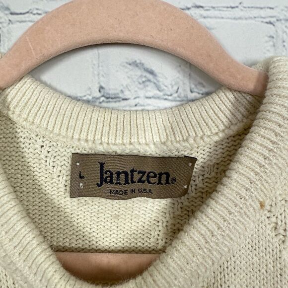 VTG 90’s Jantzen Chunky Sweater Men Large Beige Fisherman Aztec Nordic Pattern - Picture 8 of 14